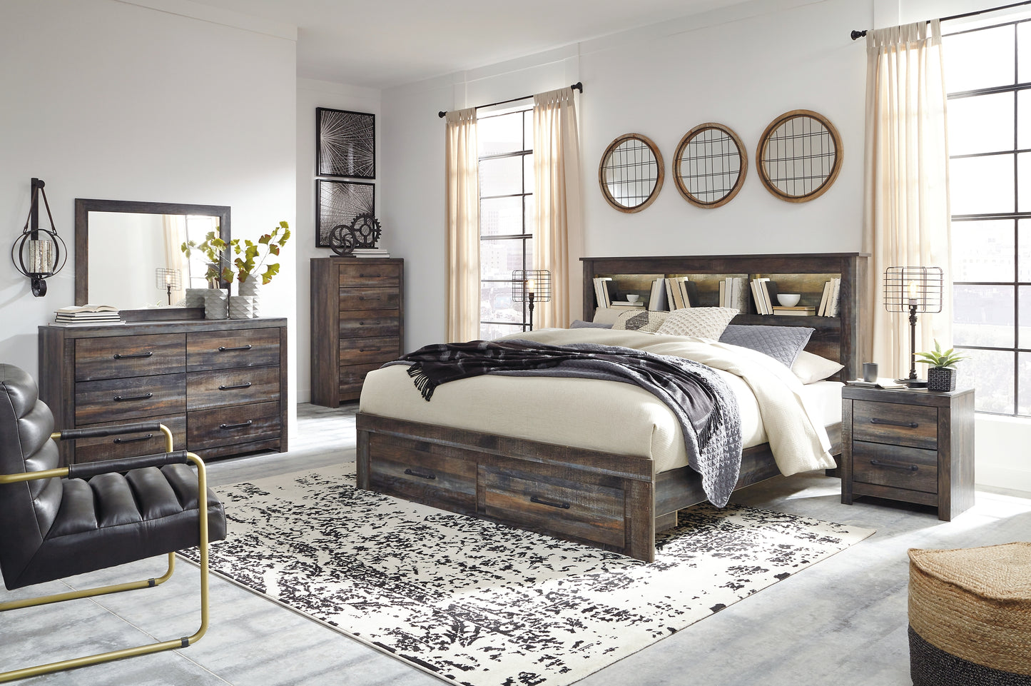 Drystan Bookcase Bed With 2 Storage Drawers With Mirrored Dresser, Chest And Nightstand