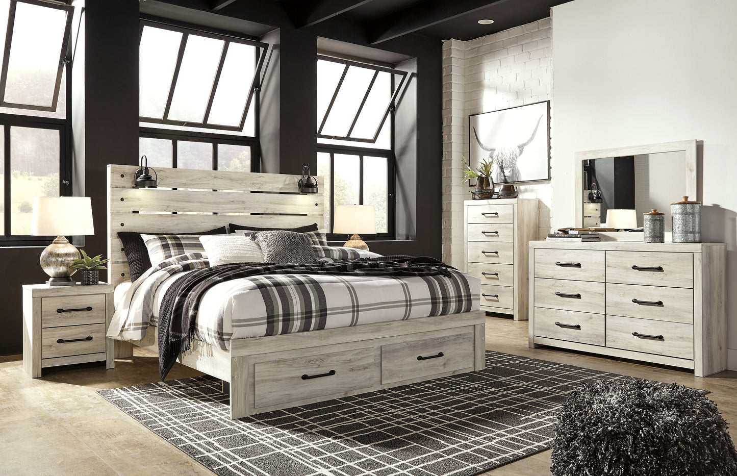 Cambeck Panel Bed With 2 Storage Drawers With Mirrored Dresser, Chest And Nightstand