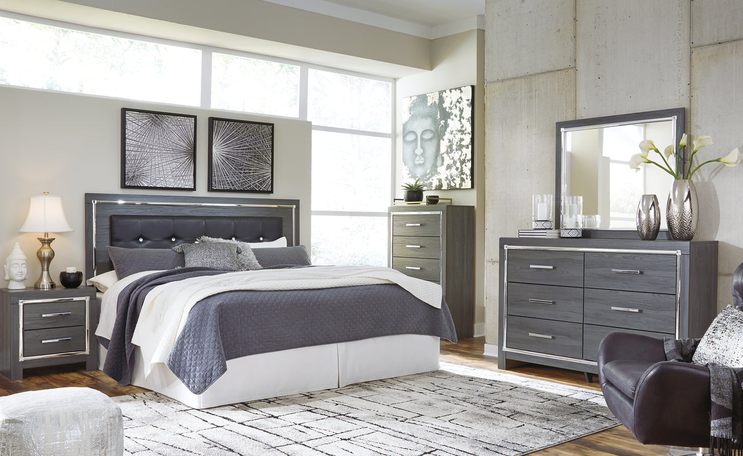 Lodanna King/California King Upholstered Panel Headboard with Mirrored Dresser, Chest and 2 Nightstands