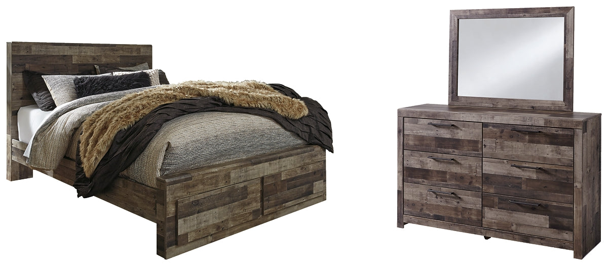 Derekson Queen Panel Bed with 2 Storage Drawers with Mirrored Dresser