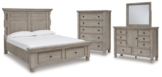 Harrastone California King Panel Bed with Mirrored Dresser, Chest and Nightstand